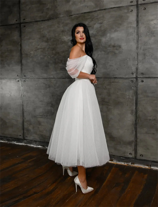 Beautiful Off The Shoulder V-neck Pleat Tea length Tulle A Line Wedding Dresses Corset Back 2024 Vestido De Noival