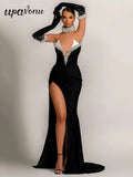 Women's Light Luxury Nail Bead Design Velvet Dress+Neck+Glove Design Strapless Sleeveless Bodycon Split Body Long Dresses