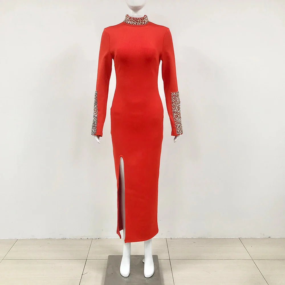 Red Black Color Women Long Sleeve Shinning Crystal Bodycon Long Bandage Dress Elegant Celebrate Evening Party Cocktail Dress