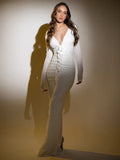 Modphy Sexy V-neck splicing 3D Flower Fold Tight Long Dress Women Long sleeves Solid White Party Evening Wedding Gowns