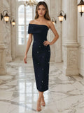 4 Colors Women Sexy Strapless Shinning Rhinestones Bodycon Long Bandage Dress Nightclub Party Celebrate Fashion Birthday Outfit black