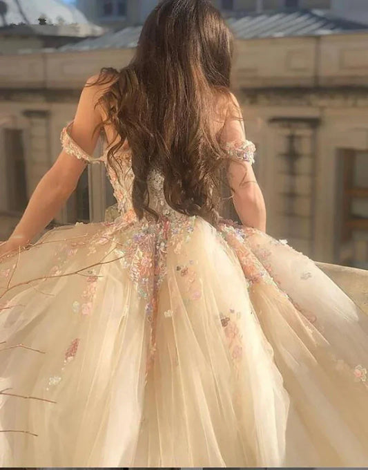 Vestido de fiesta dulce con flores en 3D, vestido de graduación encantador con hombros descubiertos, vestido de quinceañera de 15, vestido de fiesta Champange de línea A