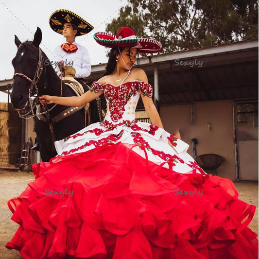 Elegant Red And White Quinceanera Dresses Charro Mexican Off Shoulder Beaded Crystal Ruffles Sweet 15 xv Dress Corset Customized Red