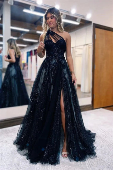 Black One Shoulder A-line Tulle Lace Embroidery Side Split Evening Dress فساتين سهره فاخره Sweet Flower Prom Dress As Picture