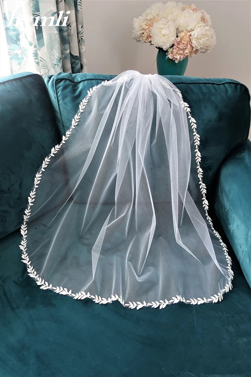 Leaf Lace Wedding veil Fingertip Length Bridal Veil in White , Ivory