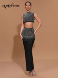Sexy Women'S Light Luxury Hot Stamping Design Long Skirt Bandage Set O-Neck Sleeveless Ultra Short Top+Skirt Two-Piece Set