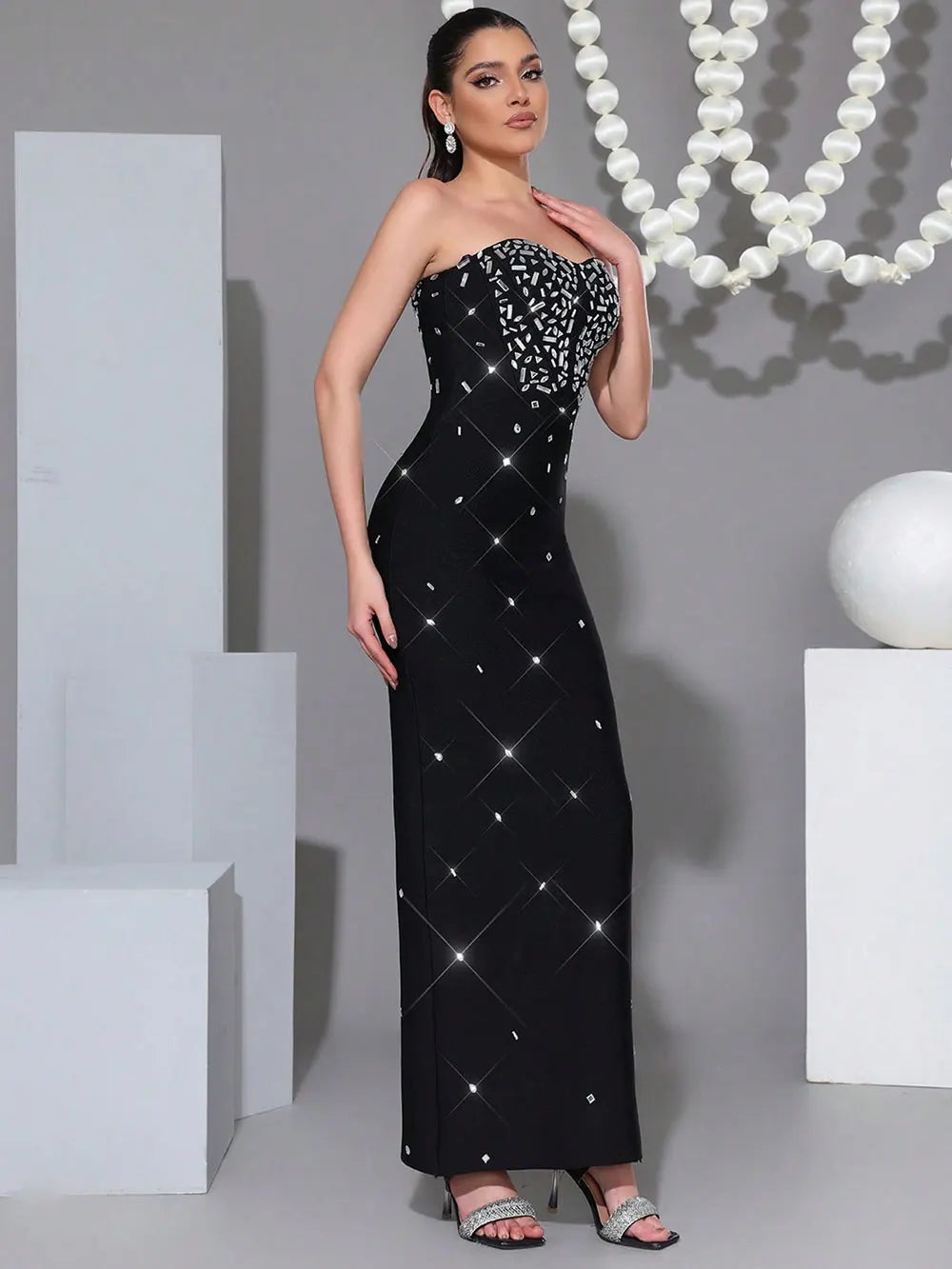 Sexy Women's Nail Bead Design Bandage Dress Strapless Sleeveless Bodycon Backless Long Dress Cocktail Dinner Dress Vestitos