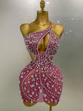 Luxury Sexy Backless Hollow Out Sparkle Diamond Evening Prom Women Birthday Celebrate Stage Nightclub Outfit Rose Red