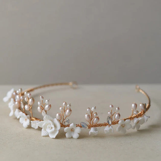 Gold Color Headband Freshwater Pearl Headpiece For Brides Porcelain Flower Hairband Wedding Accessories Bridal Hair Jewelry