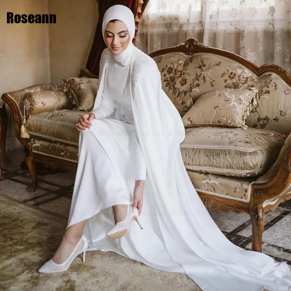 Customized Muslim New A-line Wedding Dresses Applique Paillette Vertically Draped Pleat Bride Dress Brush Train robe de mariée