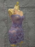 Purple Color Women Sexy Sleeveless Shinning Dimonds Bodycon Mini Dress Mesh See Through Celebrate Birthday Party Stage Wear
