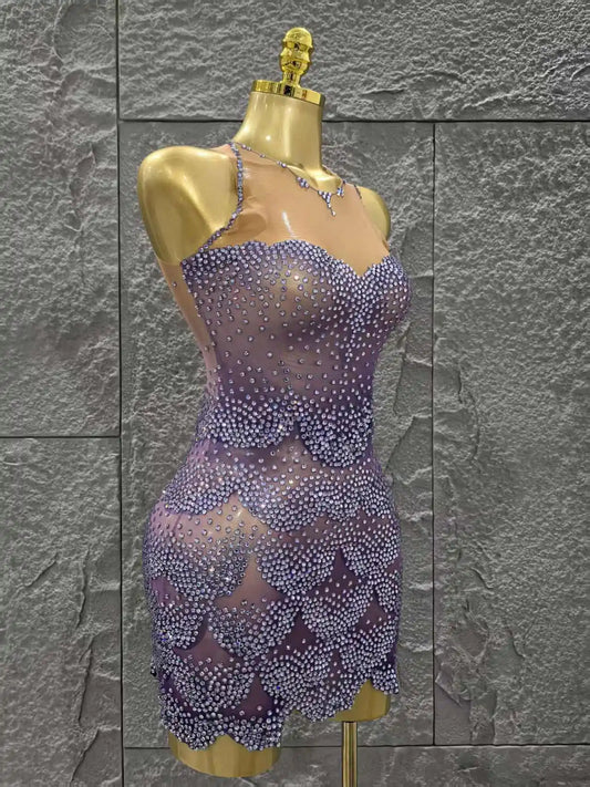 Purple Color Women Sexy Sleeveless Shinning Dimonds Bodycon Mini Dress Mesh See Through Celebrate Birthday Party Stage Wear