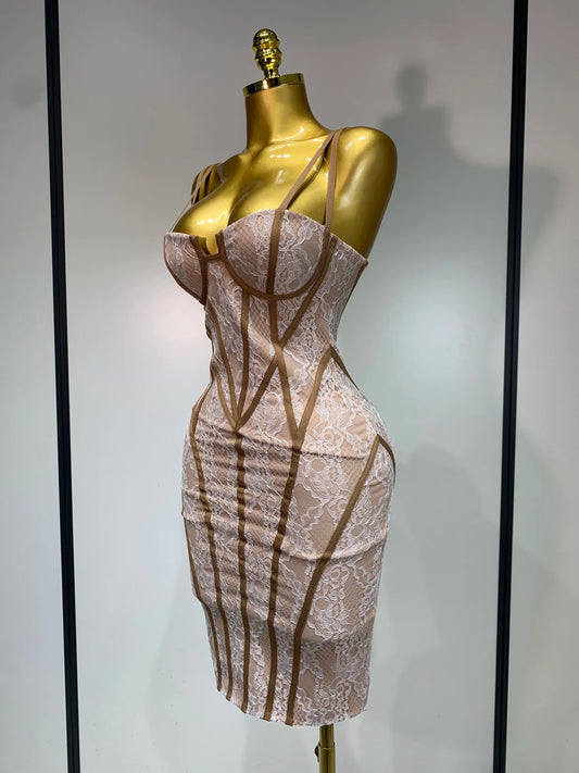 Luxury Birthday Dress Women Khaki Spaghetti Strap Lace Sexy Bodycon Celebrity Elegant Cocktail Club Party Bandage Dress