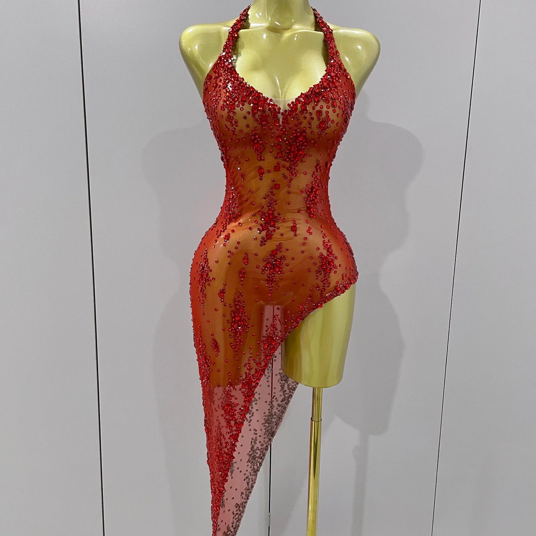 Sparkly Rhinestone V Neck Stretch Mesh Sexy See Through Dress Women Elegant Party Celebrate Perform Costume Stage Outfi Red