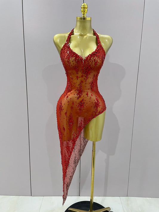 Sparkly Rhinestone V Neck Stretch Mesh Sexy See Through Dress Women Elegant Party Celebrate Perform Costume Stage Outfi Red