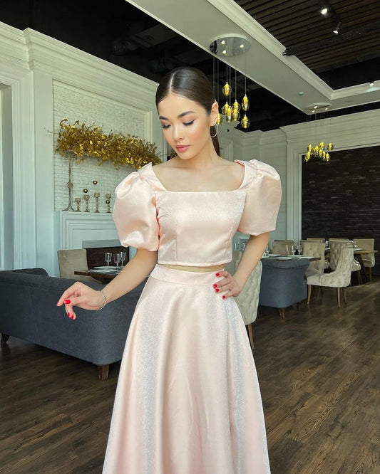 Pink Satin Evening Dresses Short Sleeves Two Pieces Prom Dresses Square Collar Prom Gowns Slit vestidos de novia