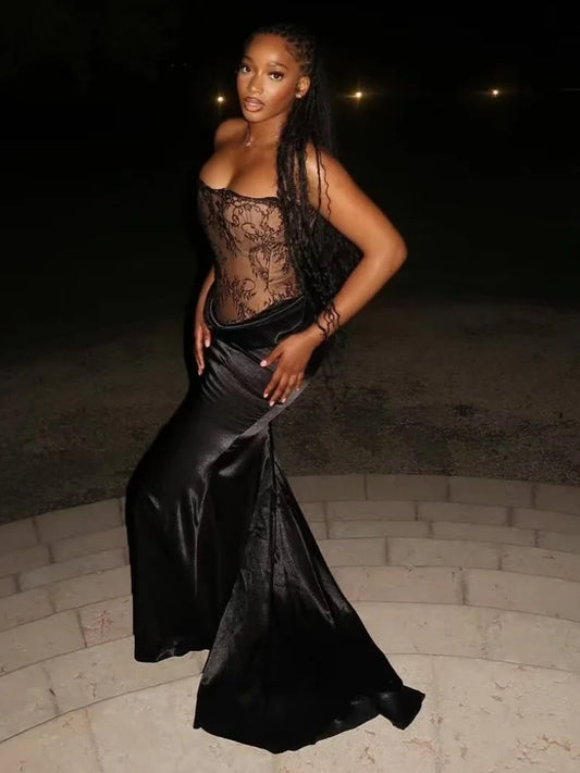 Black Color Women Sexy Lace Strapless Long Bandage Dress Celebrate Fashion Nightclub Party Birthday Outfit New Style