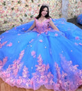 Gorgeous Blue And Pink Quinceanera Dresses 2025 Off Shoulder 3D Florals Lace Vestidos De 15 Años Corset Charro Gown Customized