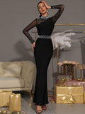Sexy Women Light Luxury Nail Bead Patchwork Bandage Dress Stand Collar Long Sleeved Bodycon Black Long Dress Party Vestidos