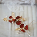 Red Flower Hair Pin Clip Leaf Head Piece For Brides Women Pearl Hairpin Party Dinner Dress Bridal Jewelry Wedding Accessories