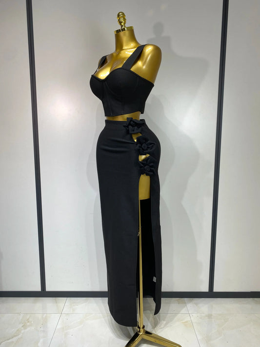 Summer New Women Sexy Flower Black Red Bandage Two Piece Set Celebrity Evening Party Skirt Suits Luxury Birthday Outfit