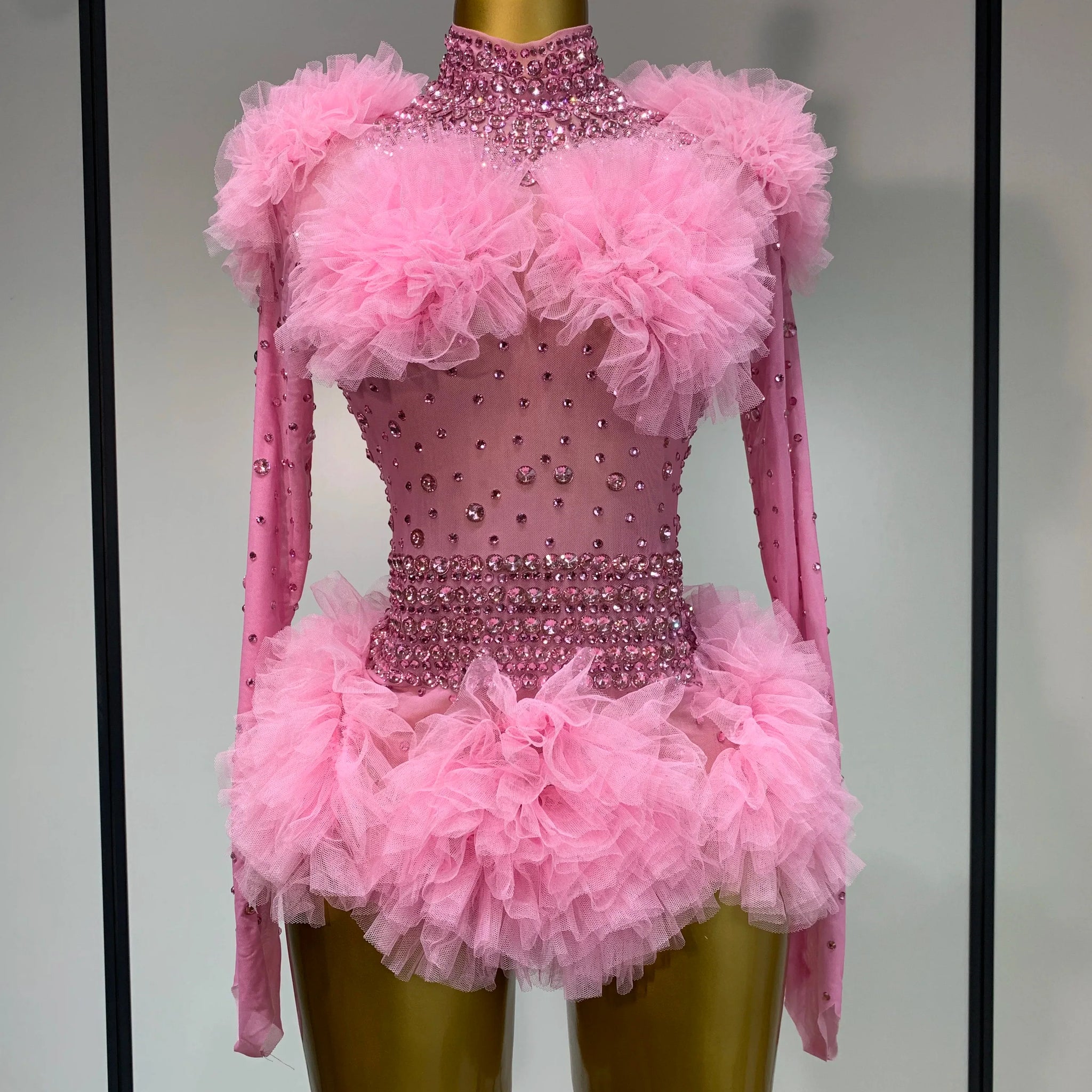Sexy See Through Rhinestone Bodysuit Women Sexy Tight Mesh Ruffles Performance Dancer Singer Costume Nightclub Stage Outfit Pink