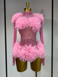 Sexy See Through Rhinestone Bodysuit Women Sexy Tight Mesh Ruffles Performance Dancer Singer Costume Nightclub Stage Outfit Pink