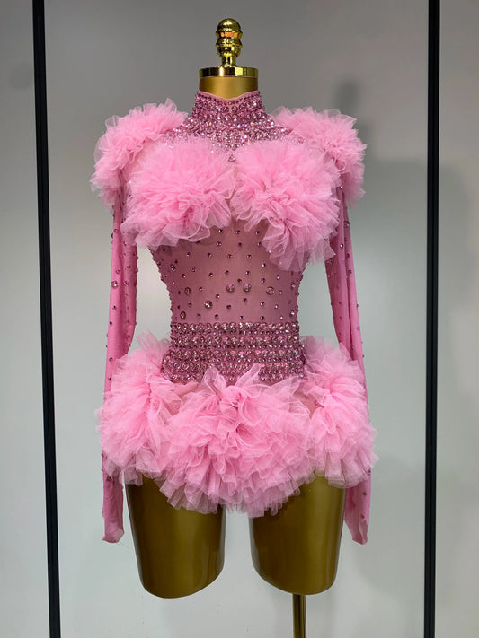 Sexy See Through Rhinestone Bodysuit Women Sexy Tight Mesh Ruffles Performance Dancer Singer Costume Nightclub Stage Outfit Pink