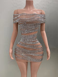 Sparkly Rhinestones Women Sexy Mesh Slash Neck Bodycon Mini Dress Celebrate Birthday Party Photo Shoot Dress Stage Wear Silver
