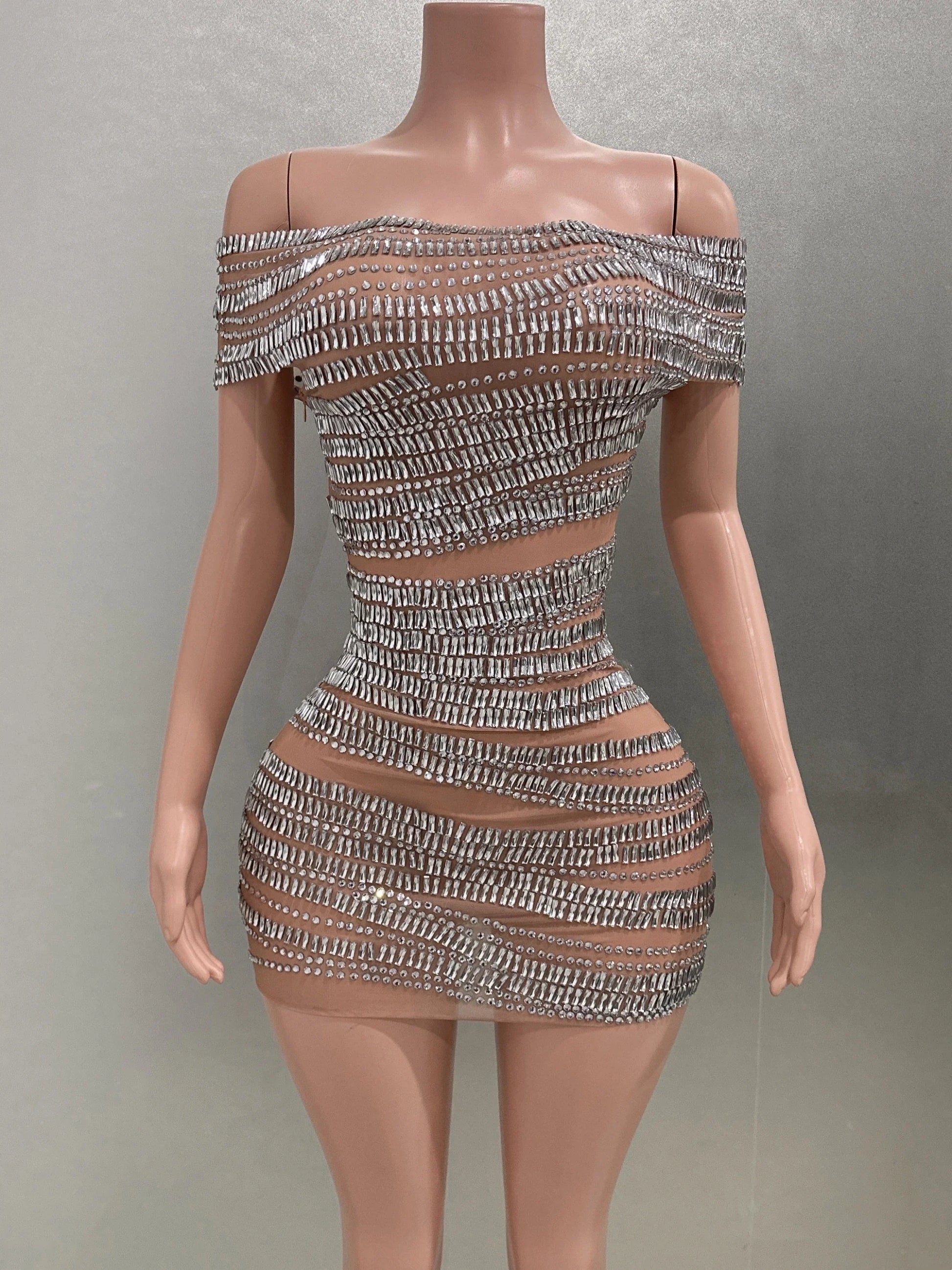 Sparkly Rhinestones Women Sexy Mesh Slash Neck Bodycon Mini Dress Celebrate Birthday Party Photo Shoot Dress Stage Wear Silver