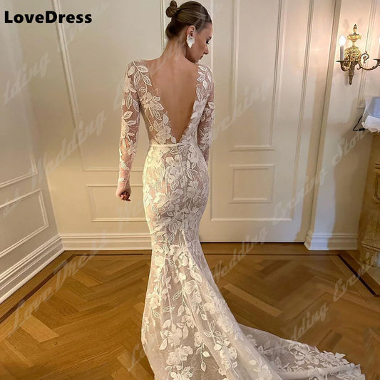 Lovingress Elegant Deep V Neck Mermaid Wedding Dress Long Sleeves Lace Applicants Brudklänning Illusion Train de Mariée