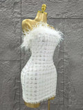 White Color Women Shinning Sequins Straples Bodycon Mini Dress Feathers Fashion Celebrate Birthday Party Cute Cocktail Dress