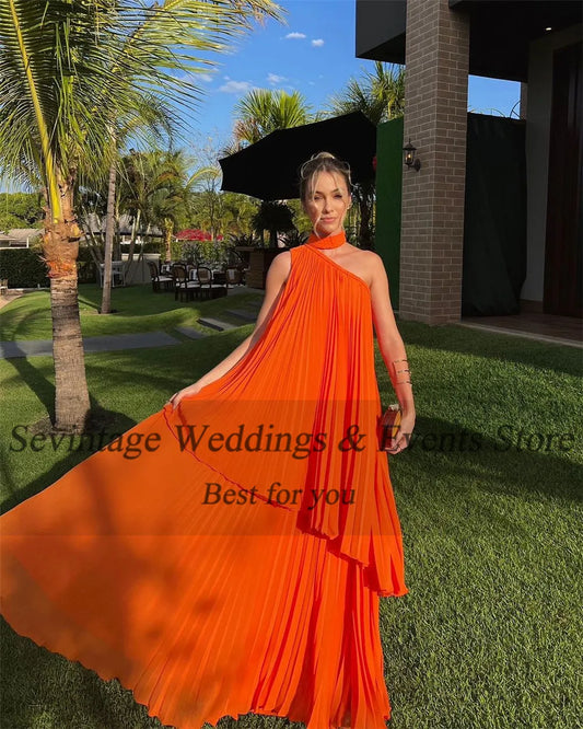 Modest Orange Chiffon Evening Dresses Halter Tiered Pleated Sleeveless Prom Dress Floor Length Vestidos De Gala