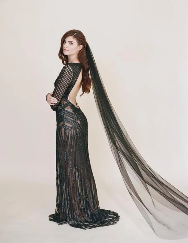 Simple Black 1 Layer Chapel Length Bridal Veil Cut Edge with Metal Comb Soft Tulle