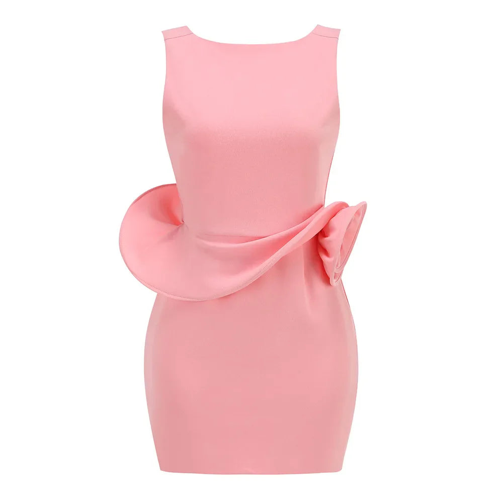Summer Pink Color Women Sleeveless Sexy O-Neck Backless Bodycon Mini Dress Celebrate Girls' Birthday Party Outfit Vestido