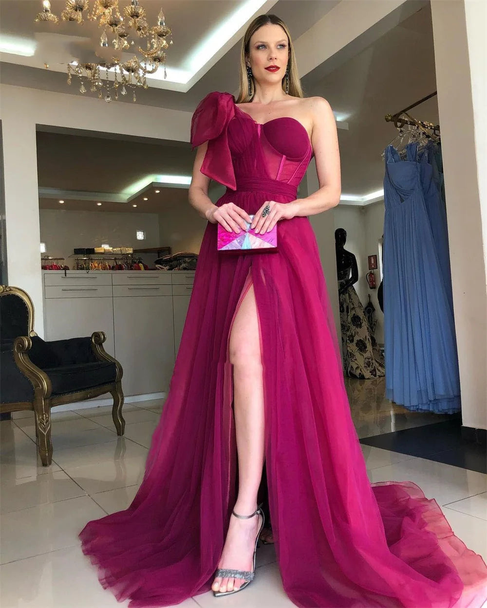 Tulle One Shoulder вечернее платье люкс Rose Pink A-line Prom Dress Sexy Side Split Party Dress Custom Evening Dress As Picture