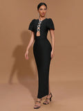 Sexy Women Three-Dimensional Heart-Shaped Design Hollow Bandage Dress O-Neck Short Sleeved Bodycon Black Long Dress Vestido