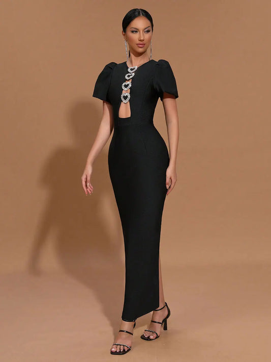 Sexy Women Three-Dimensional Heart-Shaped Design Hollow Bandage Dress O-Neck Short Sleeved Bodycon Black Long Dress Vestido