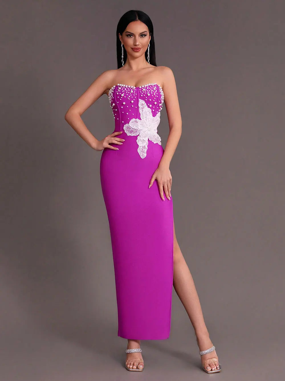 Spring Sexy Women's 3D Flower Pearl Bandage Dress Strapless Sleeveless Bodycon Backless Long Dress Club Party Vestidos PURPLE