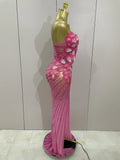 Luxury Shinning Rhinestones Flowers Sexy One Shoulder Bodycon Maxi Long Dress Women Evening Birthday Party Stage Costume
