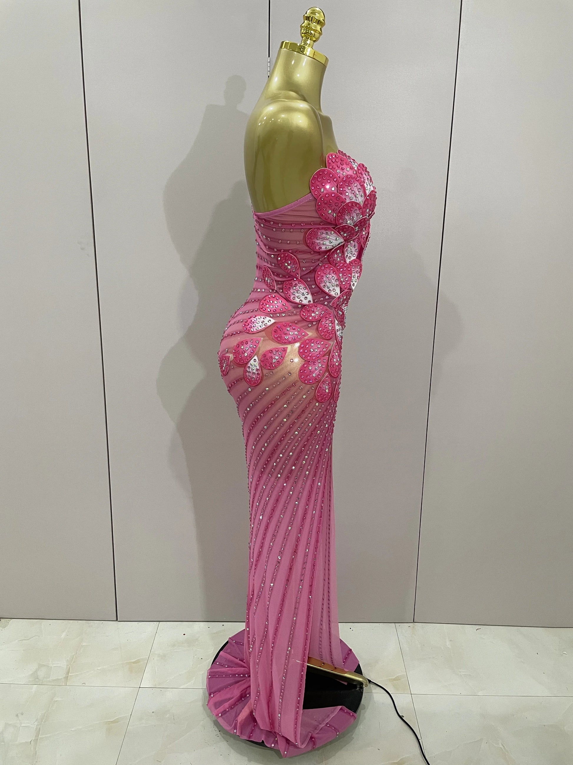 Luxury Shinning Rhinestones Flowers Sexy One Shoulder Bodycon Maxi Long Dress Women Evening Birthday Party Stage Costume