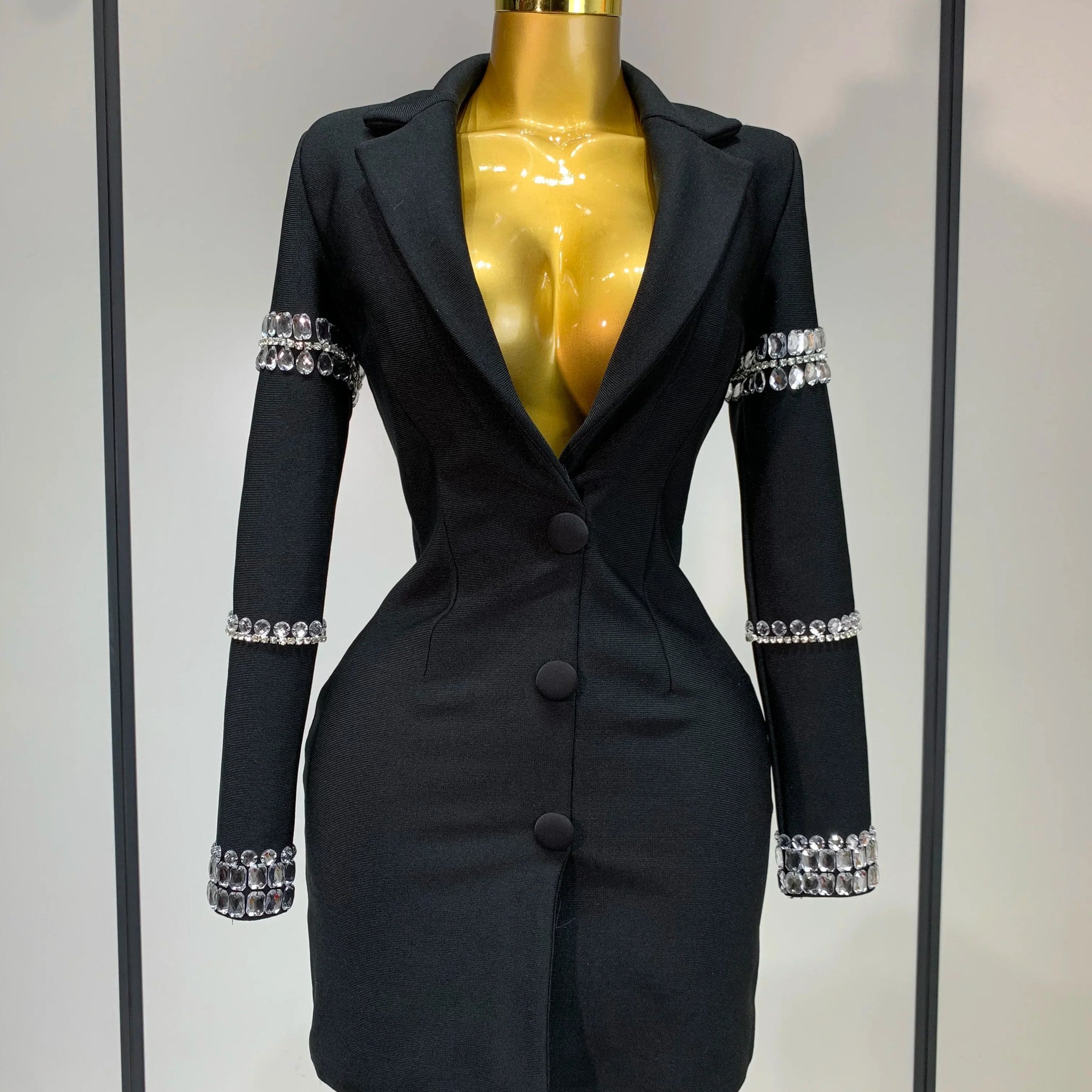 Women Sexy Long Sleeve V Neck Beading Rhinestone Mini Bodycon Bandage Dress Celebrity Elegant Evening Party Birthday Dress black