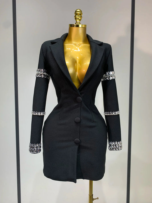 Women Sexy Long Sleeve V Neck Beading Rhinestone Mini Bodycon Bandage Dress Celebrity Elegant Evening Party Birthday Dress black