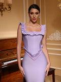 Women Celebrity Sexy O Neck Ruffles Purple Beading Maxi Long Bodycon Bandage Dress Elegant Evening Club Party Dress Lavender
