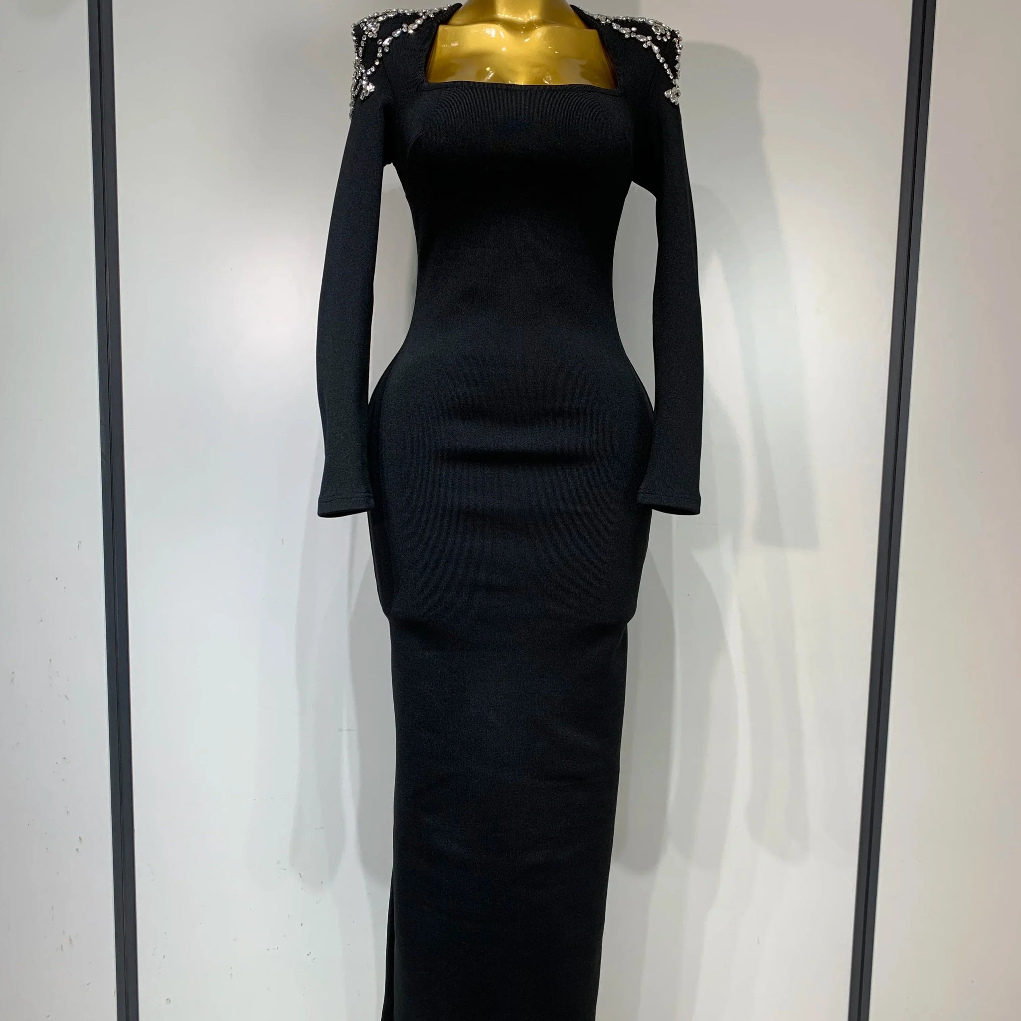 Luxury Birthday Dresses Diamond Tight Long Sleeve Square Neck Long Bandage Dress Women Wedding Evening Formal Gowns black