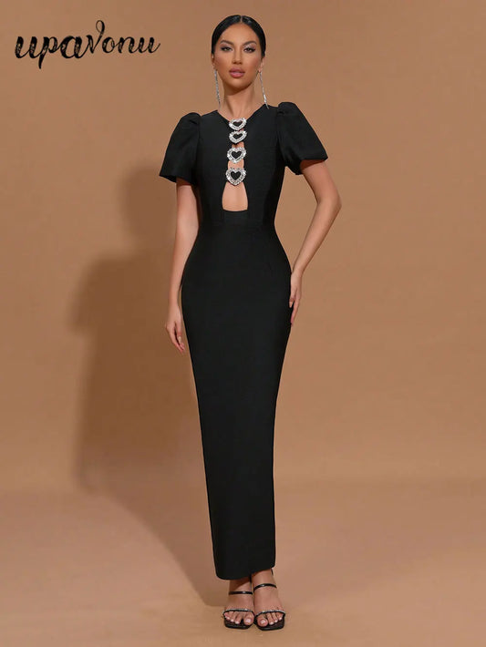 Sexy Women Three-Dimensional Heart-Shaped Design Hollow Bandage Dress O-Neck Short Sleeved Bodycon Black Long Dress Vestido