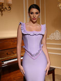 Purple Color Women Sleeveless Sexy Square Collar Ruffles Bodycon Long Bandage Dress Elegant Evening Party Cocktail Outfit