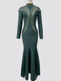 Newest Fashion Designer Party Vestido Women'S Diamonds Mesh Long Sleeves Bodycon Mermaid Long Maxi Dress