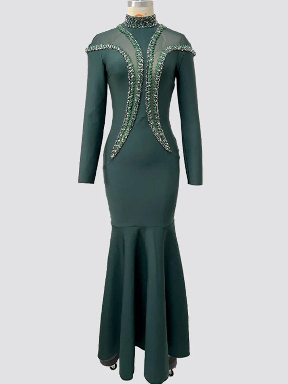 Newest Fashion Designer Party Vestido Women'S Diamonds Mesh Long Sleeves Bodycon Mermaid Long Maxi Dress