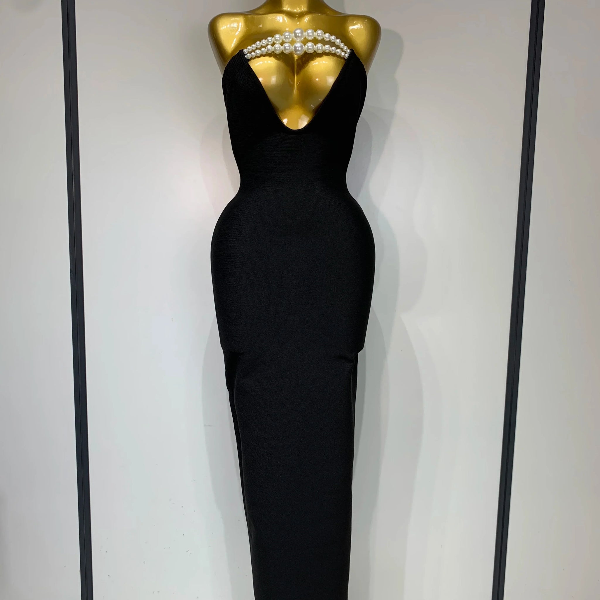 Women Sexy Backless Strapless Black Beading Long Bandage Bodycon Dress Celebrity Elegant Evening Luxury Birthday Dresses black